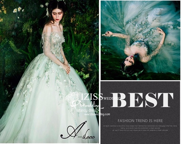 PW487- **พรีออเดอร์เฉพาะชุดผู้หญิง**ชุดแต่งงานแฟนซี ชุดเดรสสีเขียว ชุดถ่ายพรีเวดดิ้ง (prewedding dress) & ชุดแต่งงานแฟนซี (Fancy wedding dress) "ธีมสีเขียวอ่อน"