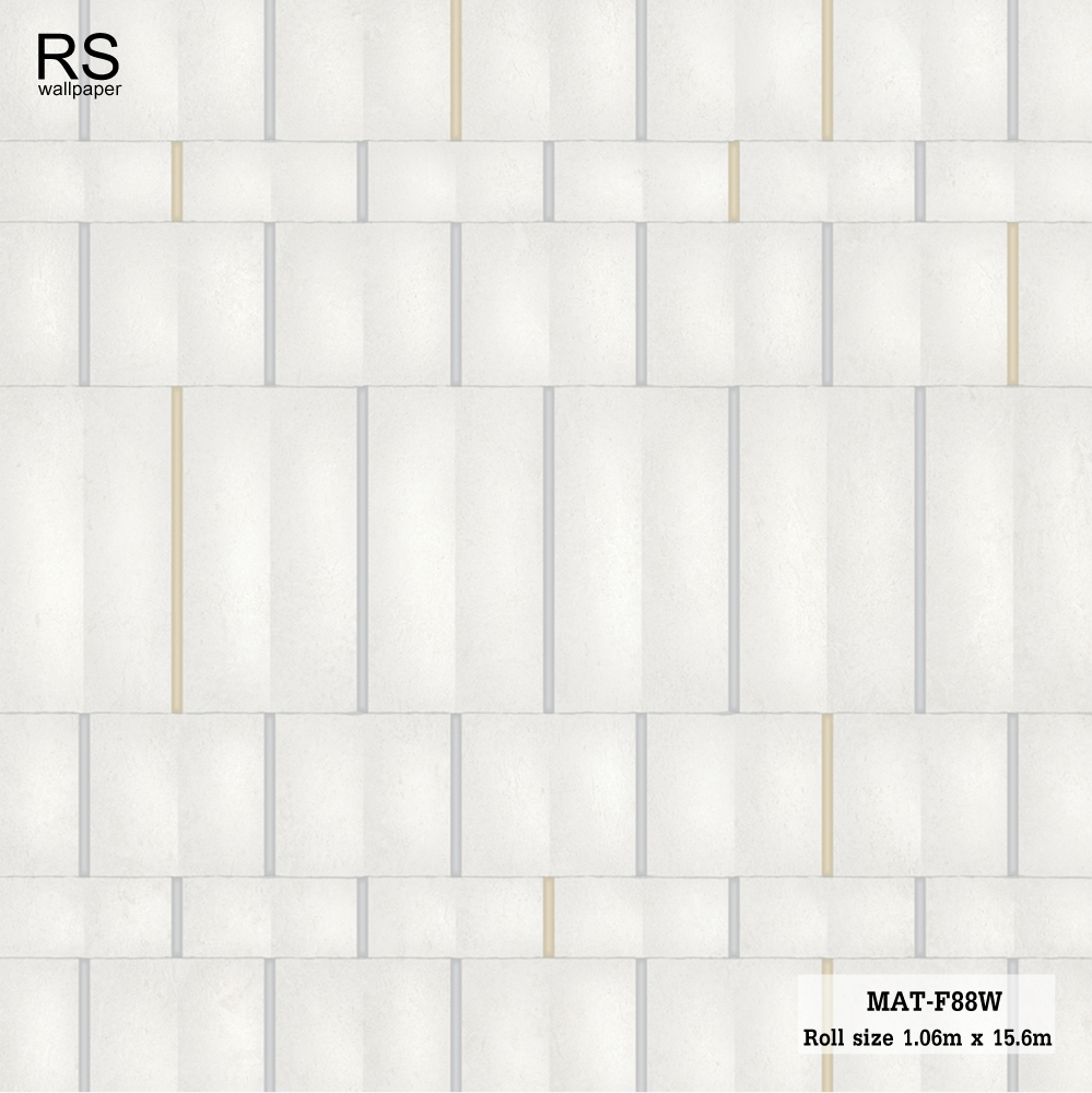 วอลเปเปอร์ ลายคอนกรีตสีขาวอมเทาฟ้า คั่นด้วยลายแท่งสีเทาและสีทอง MAT-F88W
