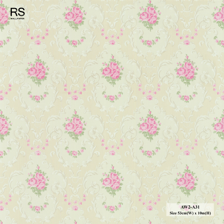 วอลเปเปอร์ลายดอกไม้วินเทจ สีชมพู พื้นสีครีม AW2-A31