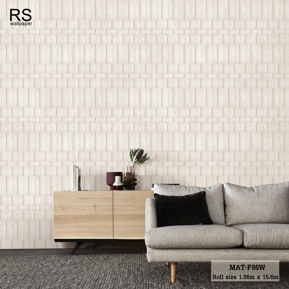 วอลเปเปอร์ ลายคอนกรีตสีเทาอ่อน คั่นด้วยลายแท่งสีเทาส้ม MAT-F86W