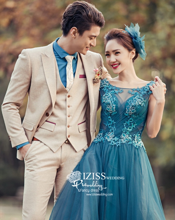 PW467- **พรีออเดอร์**ชุดแต่งงานแฟนซี ชุดเดรสสีฟ้าอมเขียว ชุดยกน้ำชา ชุดถ่ายพรีเวดดิ้ง (prewedding dress) & ชุดแต่งงานแฟนซี (Fancy wedding dress) "ธีมสีฟ้าอมเขียว น้ำตาล"