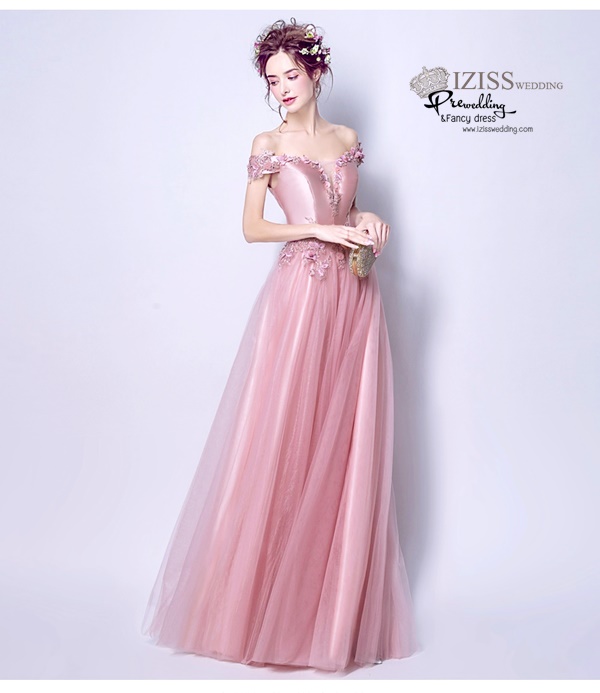 DL058 - **พรีออเดอร์** ชุดราตรี เดรสยาวออกงาน (Night party dresses) ชุดไปงานแต่งงานสวยๆ "ธีมสีชมพูแต่งดอก 3D"