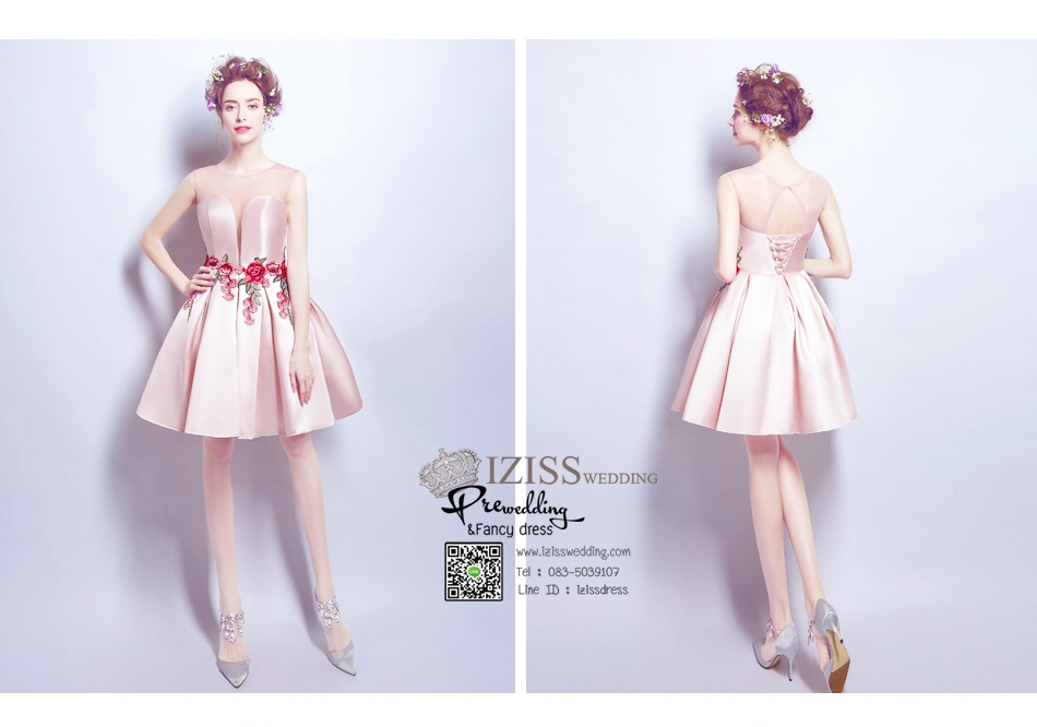 DS022 - **พรีออเดอร์** ชุดราตรี เดรสสั้นออกงานผ้าซาติน (short dresses) ชุดไปงานแต่งงานสวยๆ "ธีมครีมชมพู"