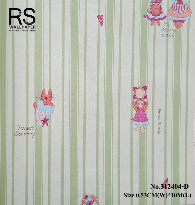 วอลเปเปอร์ ล้างสต๊อกแมวน้อยและเพื่อน ลายทางสีเขียวสด 312404-D