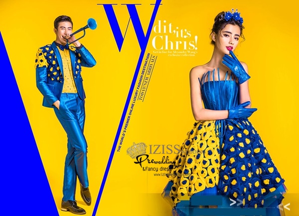 PW550- **พรีออเดอร์ค่ะ**ชุดคู่ถ่ายพรีเวดดิ้ง (prewedding dress) & ชุดแต่งงานแฟนซี (Fancy wedding dress)ชายหญิง "ธีมสีน้ำเงินเหลือง"