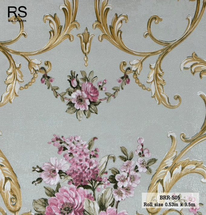 วอลเปเปอร์ ลายดอกไม้วินเทจสีชมพู พื้นสีเขียวอ่อนอมเทา BRR-S05