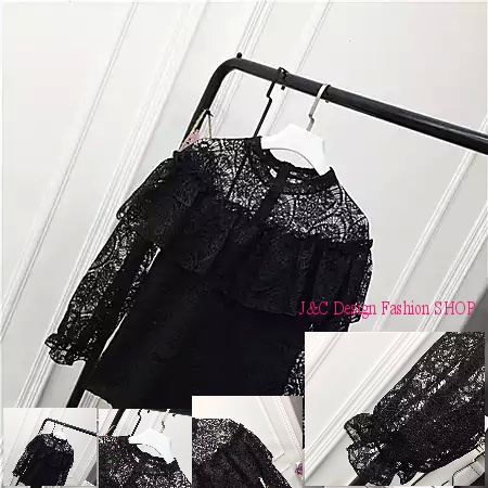 เสื้อลูกไม้สไตน์เกาหลีสีดำ เสื้อลูกไม้สไตน์วัยรุ่นสีดำ เสื้อใส่ผ้าซิ่น เสื้อลูกไม้สีดำแขนยาว 5 ส่วน เสื้อลูกไม้สีดำใส่กับผ้าซิ่น