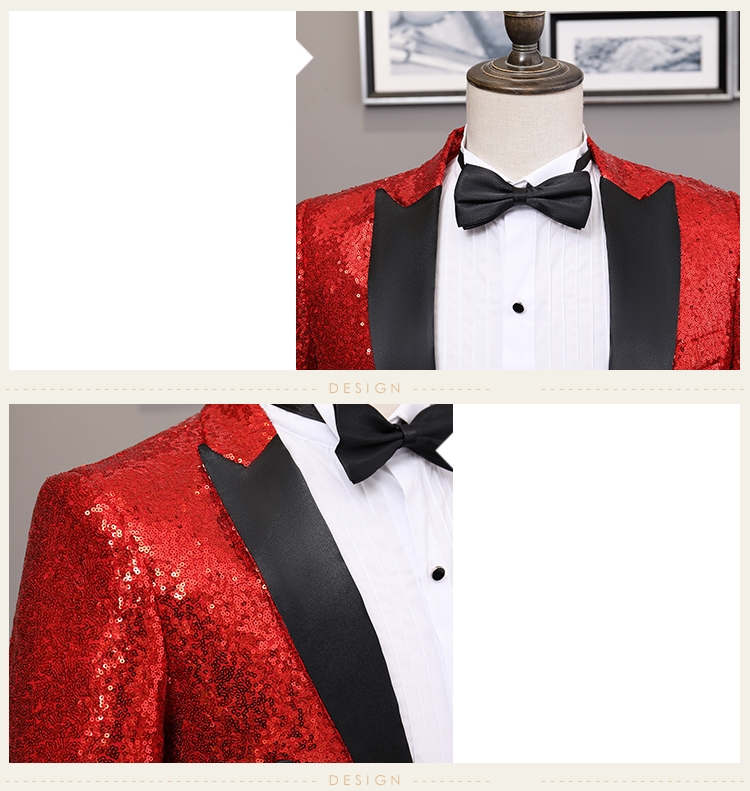 ST128- **พรีออเดอร์มี3สี**สูททักซิโด้เลื่อมผู้ชายสีเทาเงิน สีทองและสีดง สลับปกสีดำ แขนยาว พร้อมกางเกง ชุดสูทเจ้าบ่าว สูทแฟนซี ถ่ายพรีเวดดิ้ง & ชุดแต่งงานแฟนซี (Fancy wedding dress) สูทเลื่อมผู้ชายสีเงิน สีทองและสีแดง