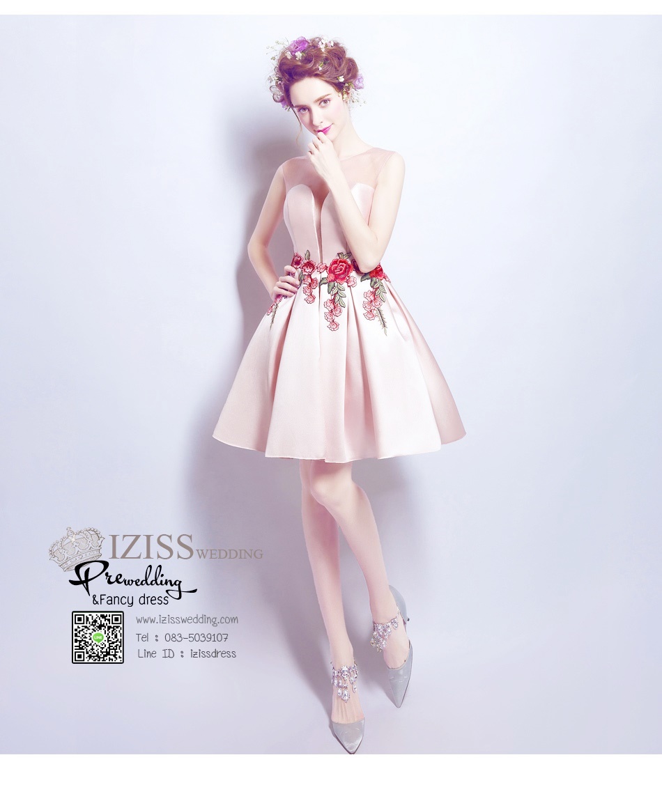DS022 - **พรีออเดอร์** ชุดราตรี เดรสสั้นออกงานผ้าซาติน (short dresses) ชุดไปงานแต่งงานสวยๆ "ธีมครีมชมพู"