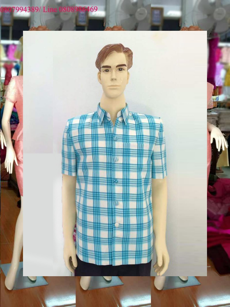 เสื้อสูทชายผ้าฝ้าย เสื้อสูทชายลายบลูเบอร์รีสีฟ้าขาวสว่าง สูทผ้าไทยชาย ซาฟารีผ้าไทยชาย