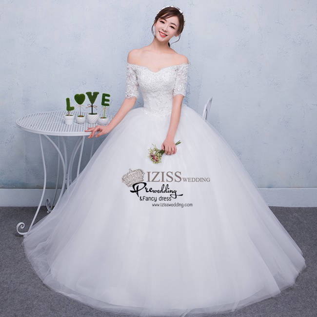 BR231 **พรีออเดอร์**ชุดแต่งงาน&ชุดเจ้าสาวแบบหางปลายาวสีขาวเกรดพรีเมี่ยม เปิดไหล่ มีแขน หรูหราน่ารัก สวยโดดเด่นไม่ซ้ำใคร