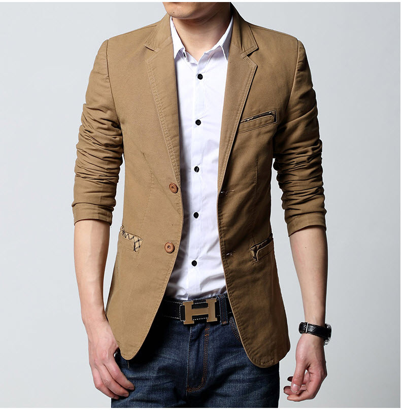 พร้อมส่ง เสื้อสูทผู้ชาย สีน้ำตาล แขนยาว คอปก แต่งลายที่กระเป๋า 