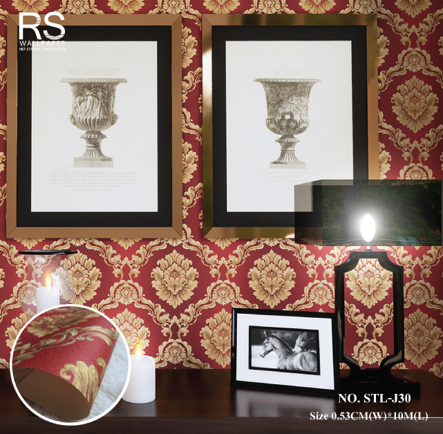 วอลเปเปอร์ ลายหลุยส์สีน้ำตาลทอง พื้นสีแดง No.STL-J30