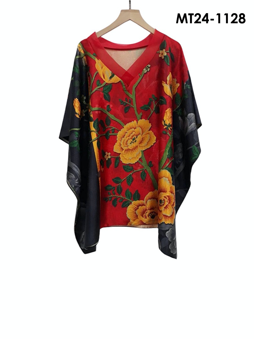 MT24-1128 ไหมจีนคอวีแก้วทรงผีเสื้อ อก 56 นิ้ว สวยสไต์คุณนาย เสื้อผู้ใหญ่
