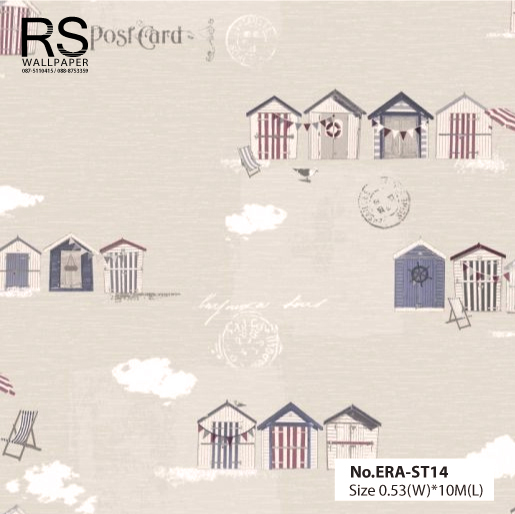 วอลเปเปอร์ ลายบ้านน่ารักๆ พื้นสีเทาน้ำตาล No.ERA-ST14