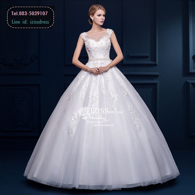 BR172 **พรีออเดอร์**ชุดแต่งงาน&ชุดเจ้าสาวแบบยาวสีขาวเกรดพรีเมี่ยม แขนกุดซีทรูช่วงอกและแขน ปักเลื่อมผสมลูกไม้ยกดอก พร้อมเข็มขัดมุก หรูหราน่ารัก สวยโดดเด่นไม่ซ้ำใคร