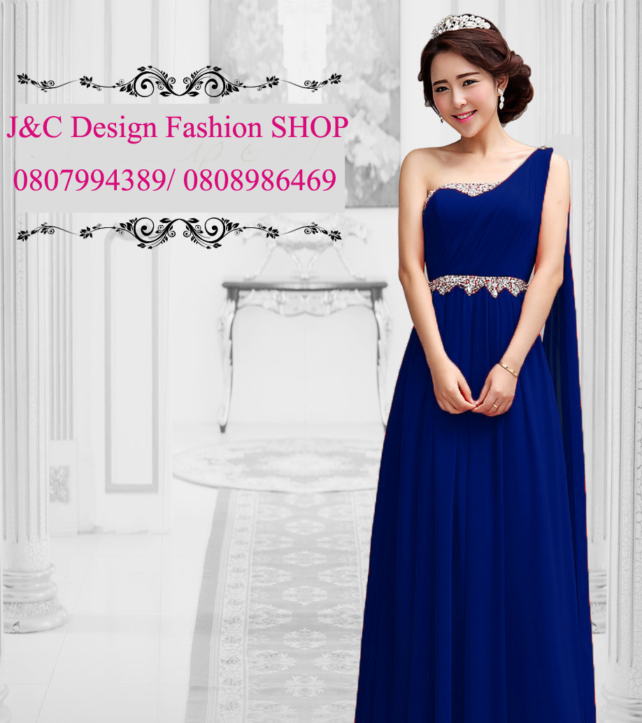 ชุดออกงาน ชุดราตรี ชุดไปงาน ชุดราตรีสีน้ำเงิน ชุดดอกงานไหล่เดียว