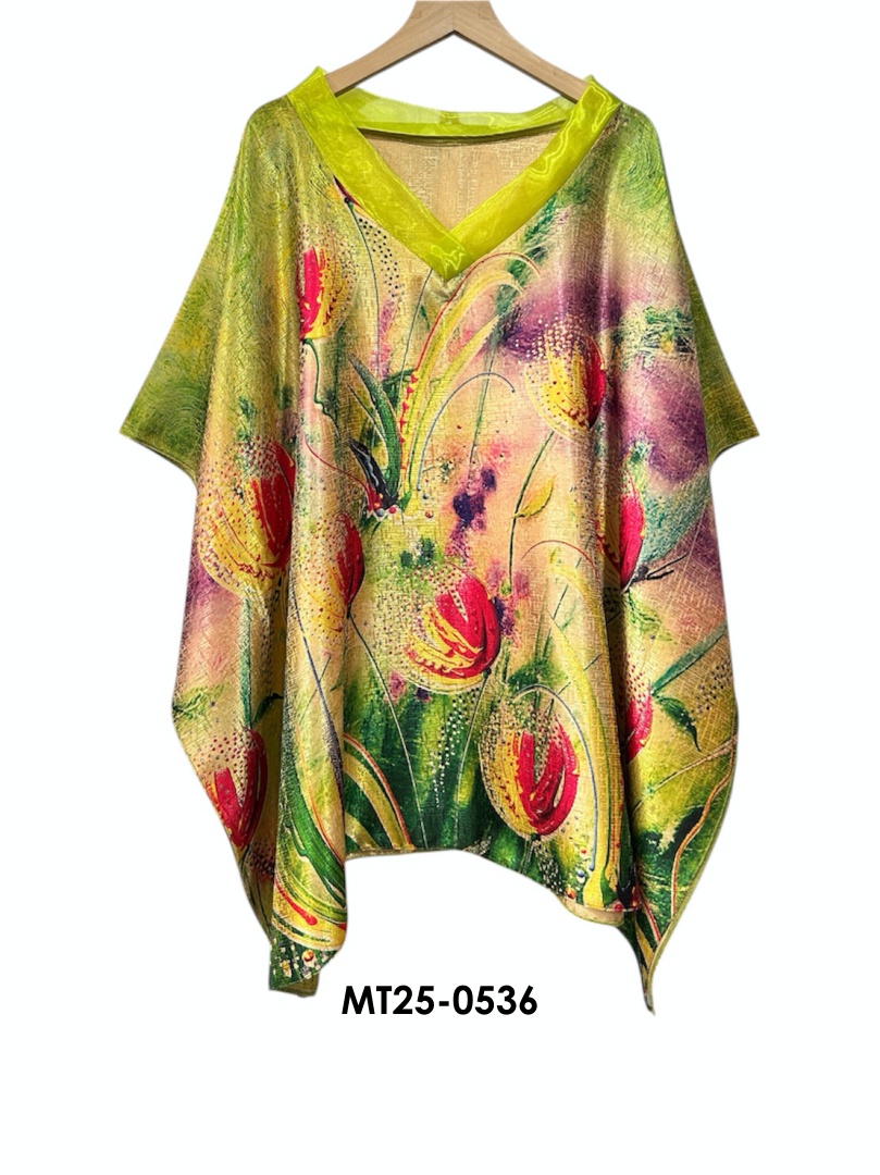 MT25-0536 ไหมจีนคอวีแก้วทรงผีเสื้อ อก 56 นิ้ว สวยสไต์คุณนาย เสื้อผู้ใหญ่