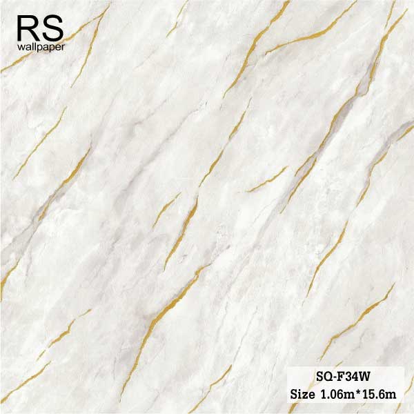 วอลเปเปอร์ ลายหินอ่อน สีเทาอ่อน แทรกเส้นแตกลายงา สีทอง SQ-F34W