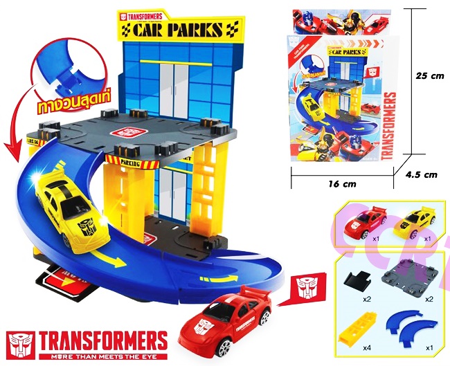 ตึกจอดรถทรานฟอร์เมอร์+ รถแข่ง 2 คันกล่อง 16x25 ซม.(ลิขสิทธิ์แท้)(1x6)