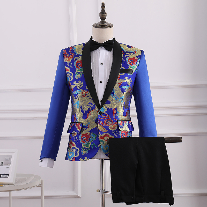 ST125- **พรีออเดอร์**สูทจีนสีน้ำเงินลายมังกร ตัดสีดำช่วงคอ แขนยาว พร้อมกางเกงสีดำ ชุดสูทเจ้าบ่าว สูทแฟนซี ถ่ายพรีเวดดิ้ง & ชุดแต่งงานแฟนซี (Fancy wedding dress) สูทจีนสีเหลืองลายมังกร