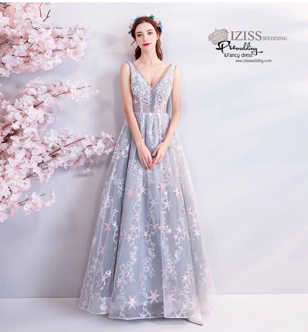 DL074 - **พรีออเดอร์** ชุดราตรี เดรสยาวออกงาน (Night party dresses) ชุดไปงานแต่งงานสวยๆ "ธีมสีฟ้าแต่งดอก 3D"