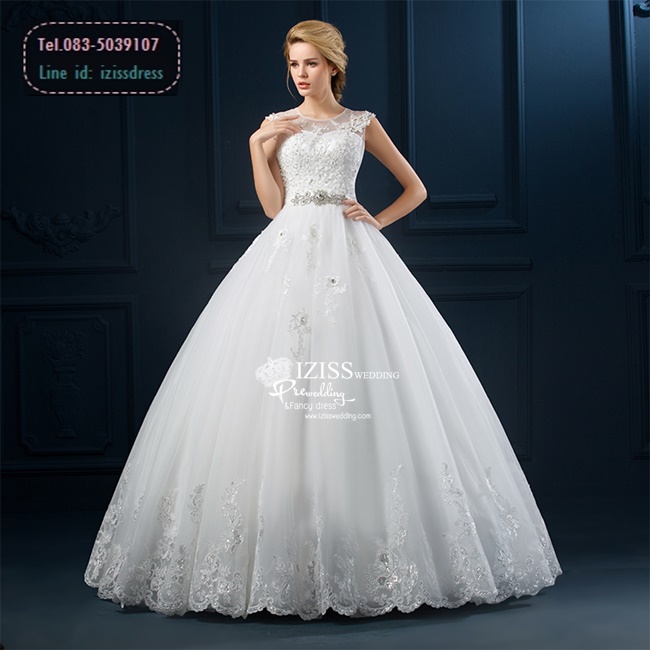 BR175 **พรีออเดอร์**ชุดแต่งงาน&ชุดเจ้าสาวแบบยาวสีขาวเกรดพรีเมี่ยมแขนกุด ซีทรูช่วงเนินอกด้วยผ้าตาข่ายโปร่งปักเลื่อมผสมผ้าลูกไม้ ตกแต่งช่วงเอวเป็นเข็มขัดด้วยเพชรรูปดอกไม้ หรูหราน่ารัก สวยโดดเด่นไม่ซ้ำใคร