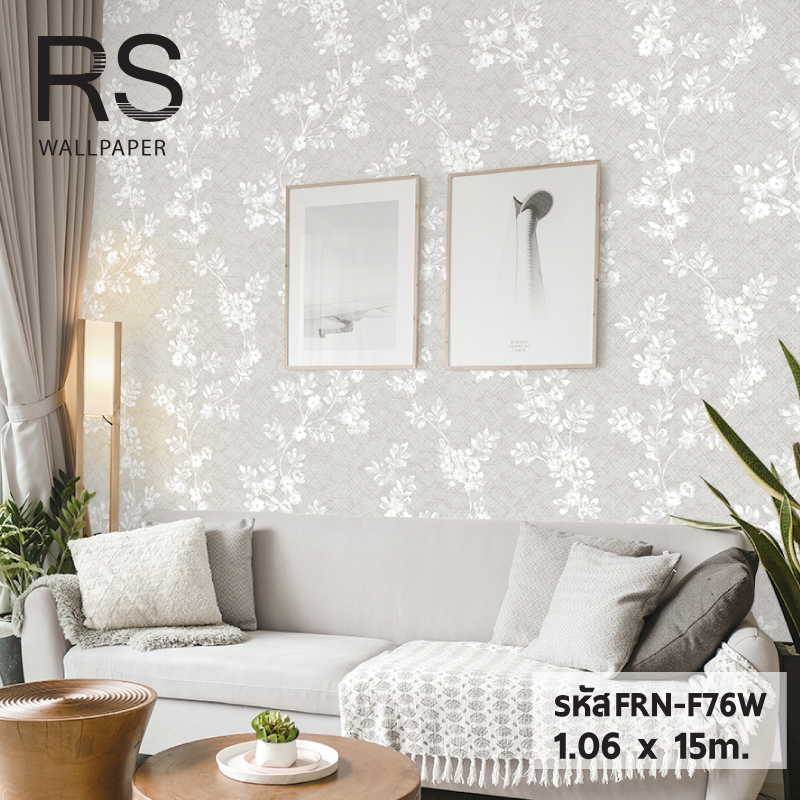 วอลเปเปอร์ลายดอกไม้สีขาว พื้นสีเทา FRN-F76W