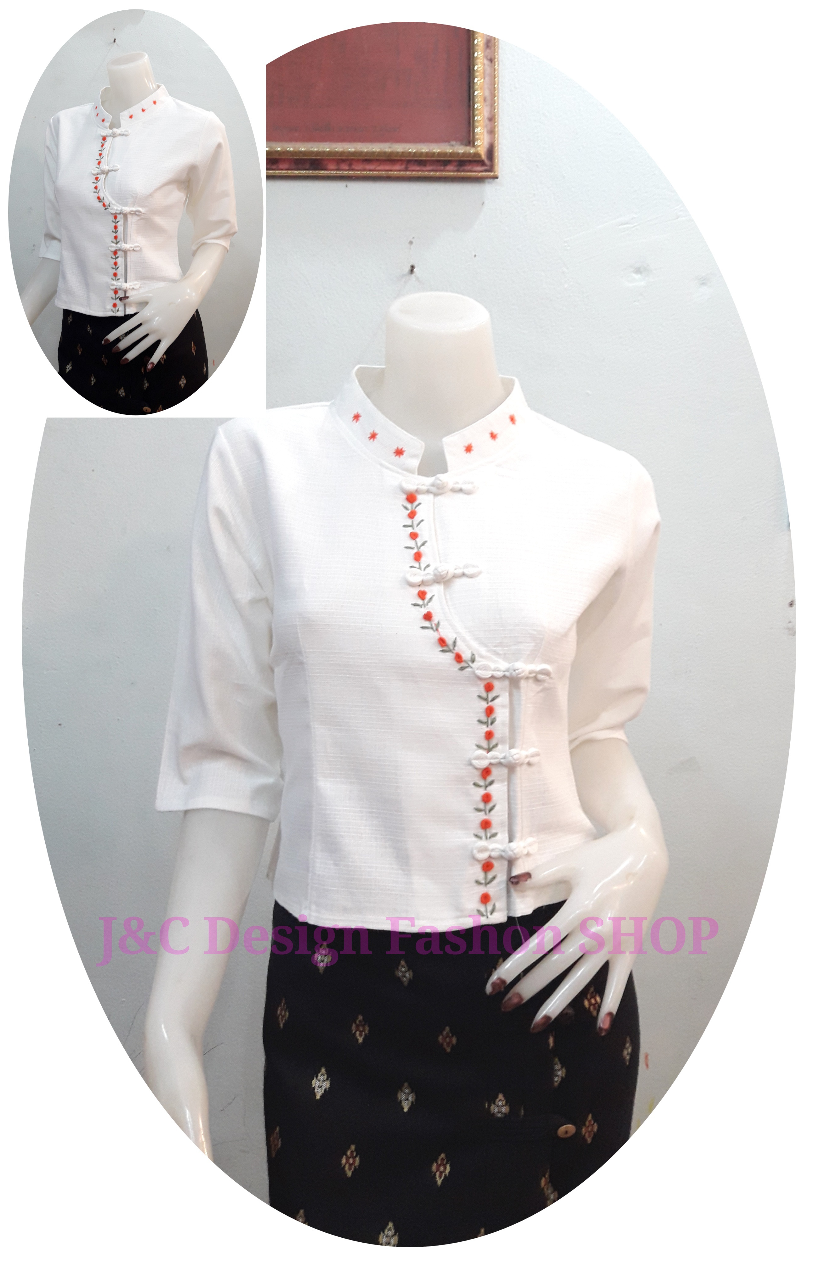 เสื้อผ้าไทยพื้นเมืองสีขาวแขนสามส่วน เสื้อผ้าฝ้ายสีขาวนวล เสื้อทำงานผ้าไทย เสื้อผ้าฝ้ายสีขาวปักดอกไม้เล็กน่ารัก