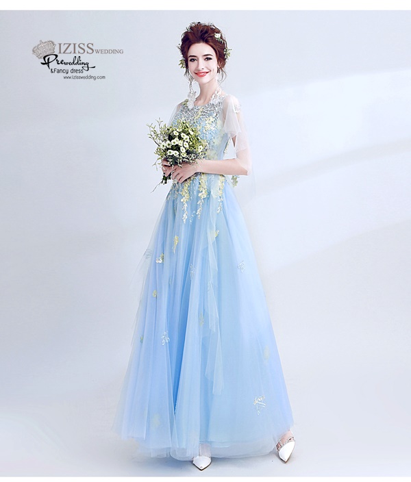 DL028 - **พรีออเดอร์** ชุดราตรี เดรสยาวออกงาน (Night party dresses) ชุดไปงานแต่งงานสวยๆ "ธีมสีฟ้าปักดอกสีเหลือง "