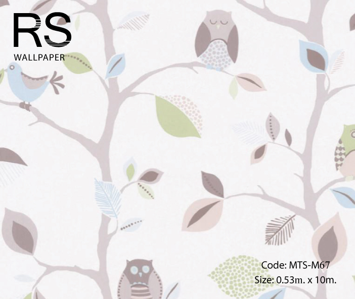 วอลเปเปอร์ลายนกฮูกเกาะบนกิ่งไม้พื้นสีขาว MTS-M67