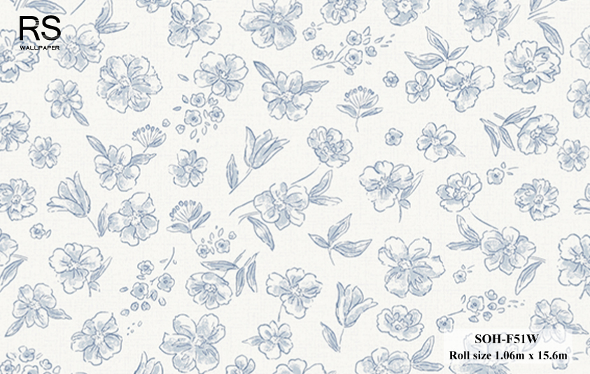 วอลเปเปอร์ ลายดอกไม้เล็กมินิมอลสีฟ้าพื้นสีขาว SOH-F51W