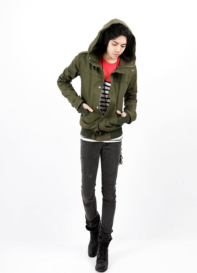 เสื้อแจ๊กเก็ตผู้ชาย พร้อมส่ง แขนยาว สีเขียวทหาร มีฮู้ด แขนจั๊ม เอวจั๊ม ผ้านิ่ม ใส่สบาย