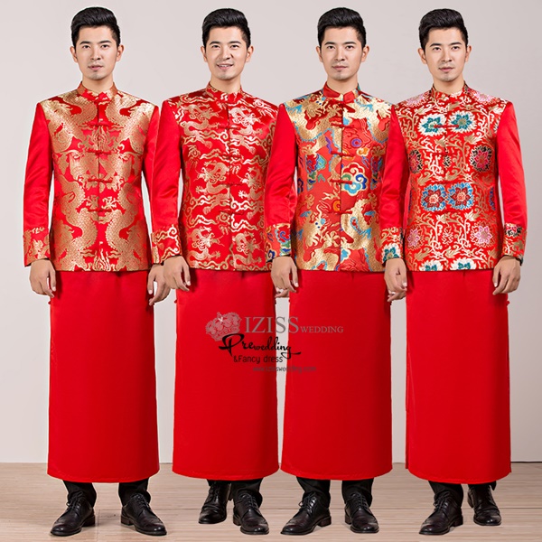 ST076 **พรีออเดอร์แบบ A B C D ระบุเวลาซื้อด้วยนะคะ**สูทจีนผู้ชายสีแดงแขนยาวปักลายมังกรสีทอง กระดุมขัด พร้อมกระโปรงสีแดง ชุดสูทเจ้าบ่าว สูทแฟนซี ถ่ายพรีเวดดิ้ง & ชุดแต่งงานแฟนซี (Fancy wedding dress) สูทผู้ชายสีแดง