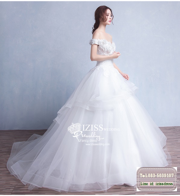 BR182 **พรีออเดอร์**ชุดแต่งงาน&ชุดเจ้าสาวแบบยาวสีขาวเกรดพรีเมี่ยม เปิดไหล่ มีแขน หรูหราน่ารัก สวยโดดเด่นไม่ซ้ำใคร
