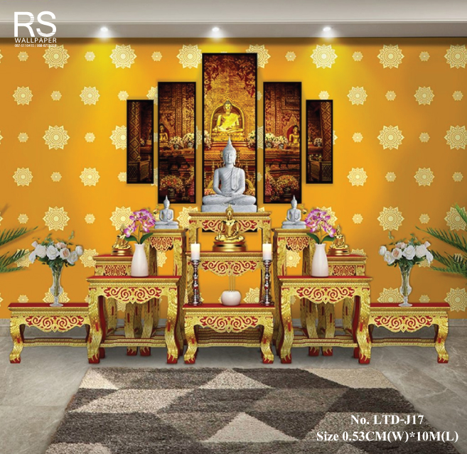 วอลเปเปอร์ ติดห้องพระ ลายไทยดอกดาว สีเหลือง LTD-J17