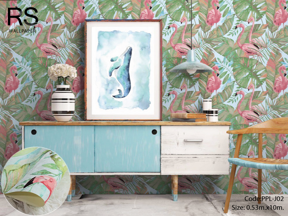 วอลเปเปอร์ลายใบไม้ธรรมชาติสีเขียว พิ้นฟ้า และนกฟลามิงโก้ (Tropical Style)PPL-J02