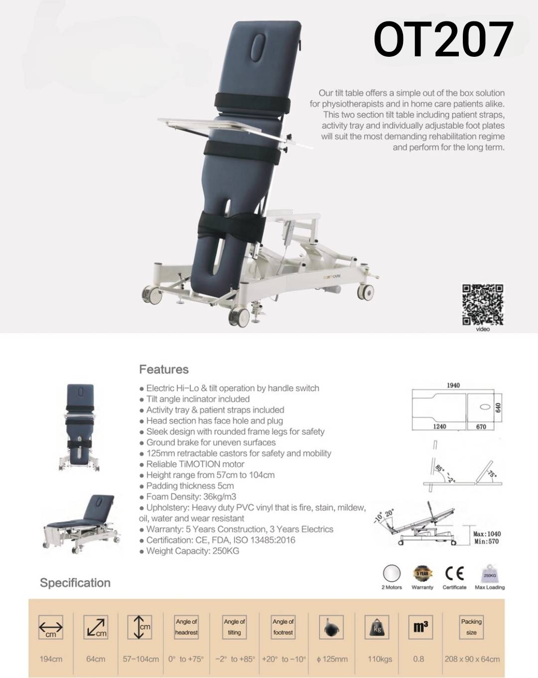 FIRSTPHYSIO เตียงฝึกยืนไฟฟ้าแบบ ปรับสูง- ต่ำ TILTTABLE รุ่น OT207 มีอย.