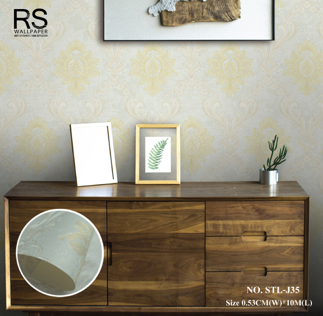 วอลเปเปอร์ ลายหลุยส์สีทองอ่อน พื้นสีเขียวอ่อน No.STL-J35