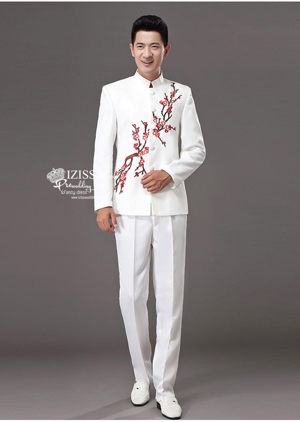 ST071 **พรีออเดอร์**สูทจีนผู้ชายสีดำแขนยาวลายดอกซากุระสีชมพู ติดกระดุมสีดำ พร้อมกางเกงสีดำขาสอบ ชุดสูทเจ้าบ่าว สูทแฟนซี ถ่ายพรีเวดดิ้ง & ชุดแต่งงานแฟนซี (Fancy wedding dress) สูทผู้ชายสีดำ
