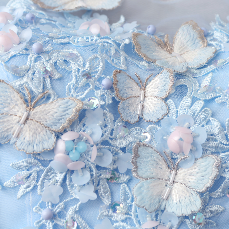 DL111 - **พร้อมส่ง** ชุดราตรี เดรสยาวออกงาน (Night party dresses) ชุดไปงานแต่งงานสวยๆ "ธีมสีฟ้าแต่งดอก 3D"