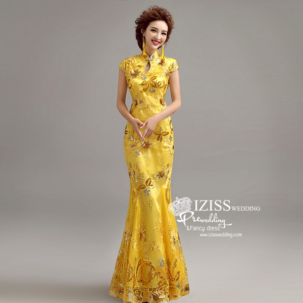 PW435- **พร้อมส่งสีเหลือง พรีออเดอร์เขียว ม่วง**ชุดกี่เพ้ายาว ชุดยกน้ำชา ชุดถ่ายพรีเวดดิ้ง (prewedding dress) & ชุดแต่งงานแฟนซี (Fancy wedding dress) "ธีมสีเหลือง"