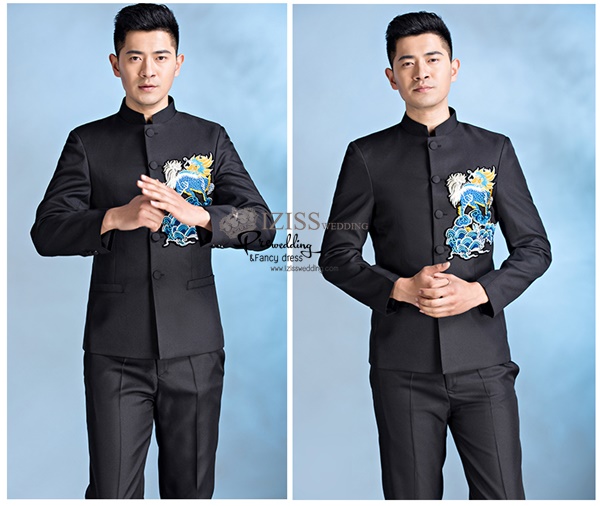 ST078 **พรีออเดอร์**สูทจีนผู้ชายสีดำแขนยาวติดลายมังกรสีทอง ติดกระดุมสีดำ พร้อมกางเกงสีดำขาสอบ ชุดสูทเจ้าบ่าว สูทแฟนซี ถ่ายพรีเวดดิ้ง & ชุดแต่งงานแฟนซี (Fancy wedding dress) สูทผู้ชายสีดำ