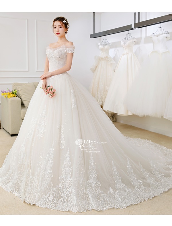 BR349 **พรีออเดอร์**ชุดแต่งงาน&ชุดเจ้าสาวแบบยาวอลังการ สีขาวเกรดพรีเมี่ยม หรูหราน่ารัก สวยโดดเด่นไม่ซ้ำใคร