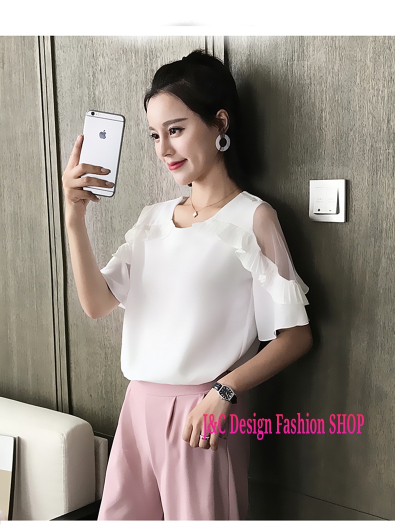 เสื้อทำงานชีฟองสีขาวแต่งป้าอัดพรีทแขนเว้าผ้ามุ้ง เสื้อชีฟองแต่งพรีทสีขาว เสื้อทำงานเกาหลีคอแต่งโบว์ เสื้อสมัครงาน ชุดสมัครงาน เสื้อใส่กับผ้าถุง เสื้อใส่กับผ้าซิ่น