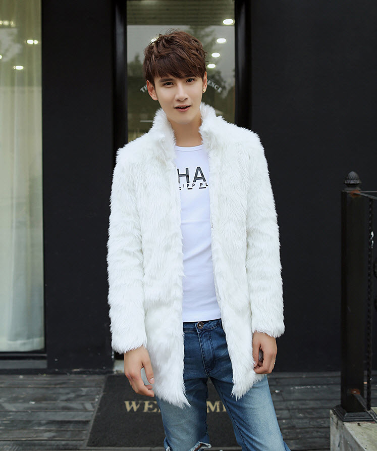 พร้อมส่ง เสื้อโค้ทผู้ชาย เสื้อกันหนาว ขนสัตว์สังเคราะห์ สีขาว ตัวยาว ฟรุ้งฟริ้ง ผ้านิ่ม ใส่อุ่น ใส่ไปต่างประเทศได้