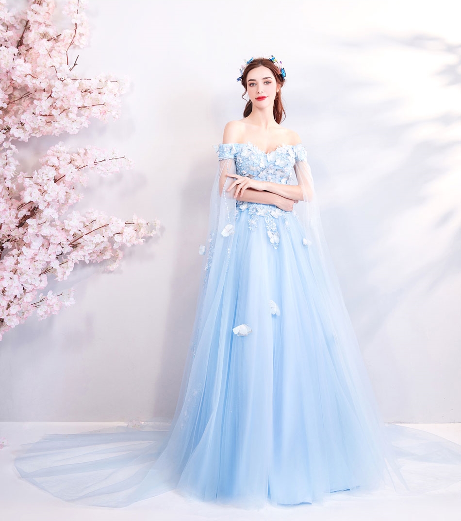 DL112 - **พรีออเดอร์** ชุดราตรี เดรสยาวออกงาน (Night party dresses) ชุดไปงานแต่งงานสวยๆ "ธีมสีฟ้าแต่งดอก 3D"