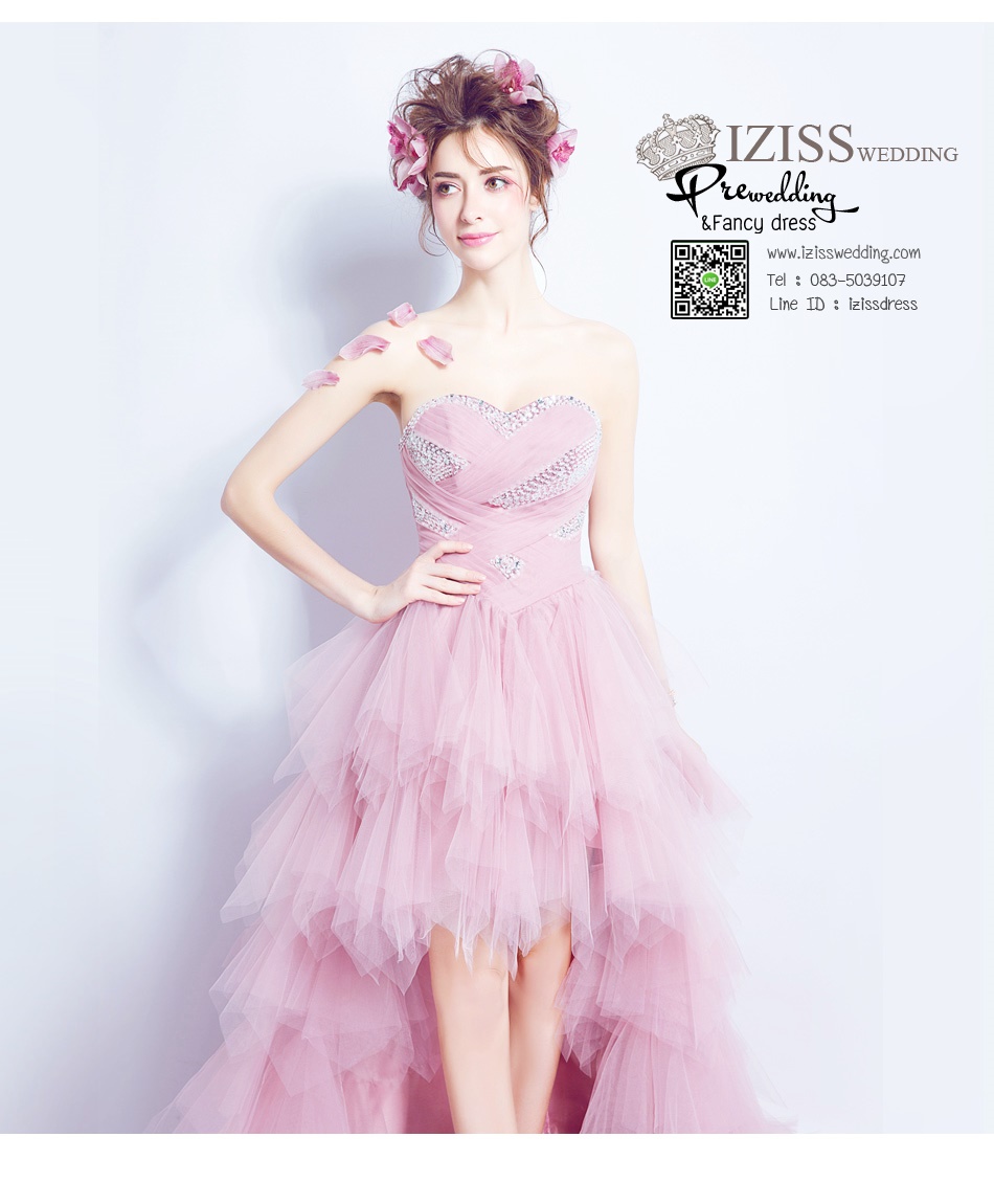 DL005 - **Pre order**ชุดราตรี เดรสหน้าสั้นหลังยาวออกงาน (Evening dresses) ชุดไปงานแต่งงานสวยๆ "ธีมสีชมพูกะปิ"