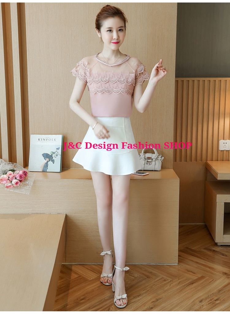 เสื้อทำงานชีฟองเกาหลีสีชมพูแต่งผ้าลูกไม้ตาข่าย เสื้อชีฟองเกาหลีแต่งลูกไม้ เสื้อทำงานเกาหลีคอแต่งโบว์ เสื้อสมัครงาน ชุดสมัครงาน เสื้อลูกไม้เกาหลีใส่กับผ้าถุง เสื้อลูกไม้จากจีนใส่กับผ้าซิ่น