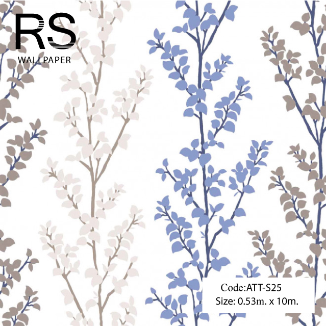 วอลเปเปอร์ลายก้านใบไม้สีน้ำเงิน น้ำตาลอ่อน น้ำตาล พื้นสีขาวมุก ATT-S25